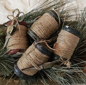 Vintage Rustic Primitive Wooden Industrial Textile Spool with Jute
